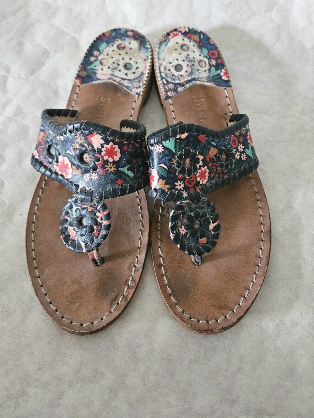 Jack Rogers Floral Navy Blue Leather Sandals